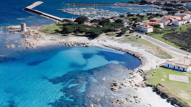 Vue aérienne d’une zone côtière avec des eaux d’un bleu limpide, un port de plaisance et des immeubles résidentiels.