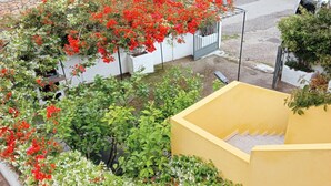 Un jardin avec différentes plantes et fleurs, un pot de fleurs jaune et une route en arrière-plan.