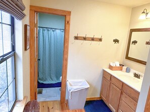 Hair dryer, towels, soap, shampoo