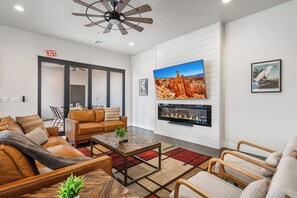 Smart TV, fireplace, foosball, table tennis