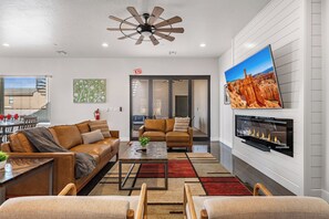 Smart TV, fireplace, foosball, table tennis