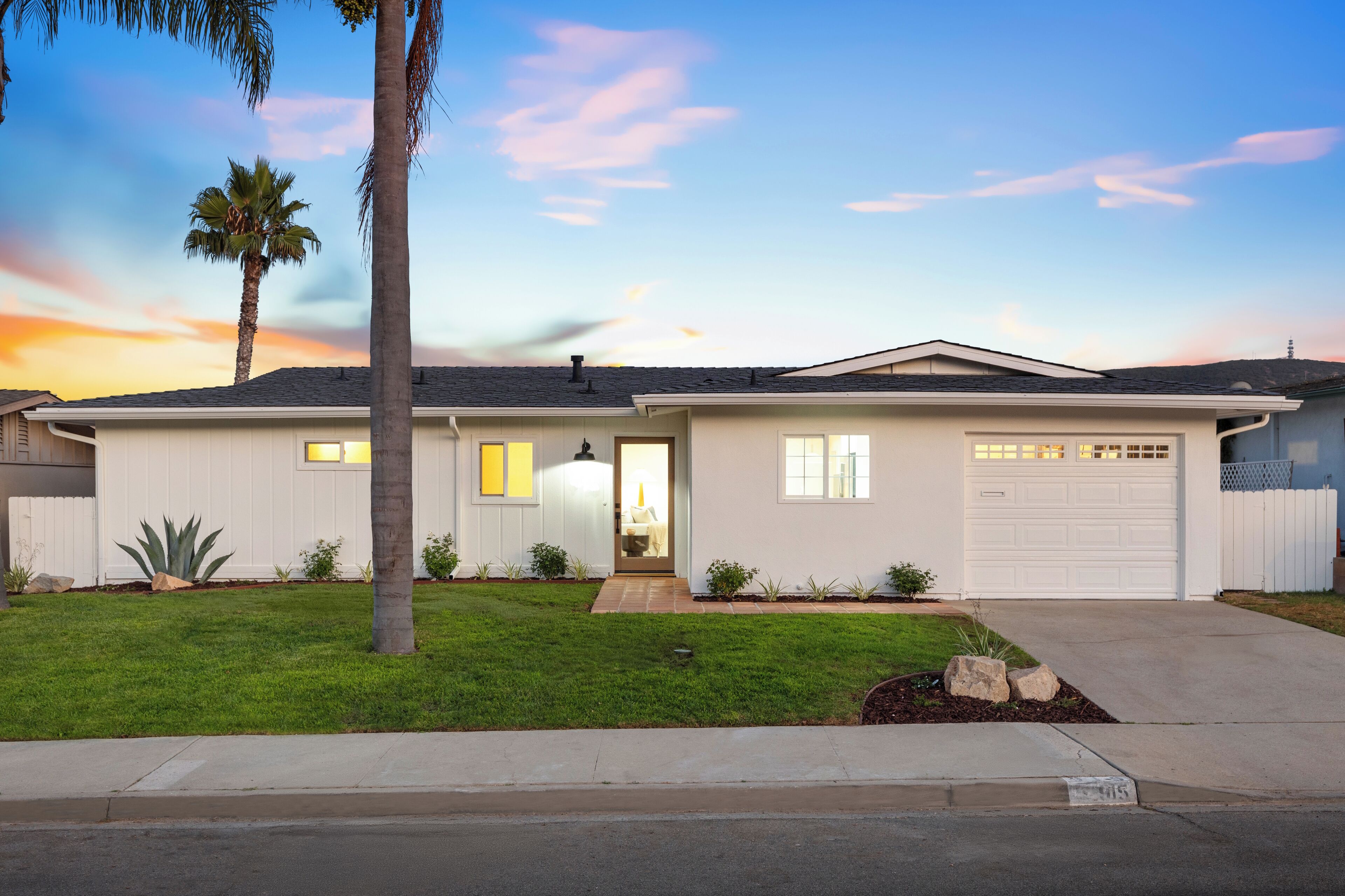 A single-story house with a front garage, a well-maintained lawn, and a palm tree.
