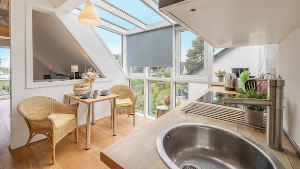 A modern kitchen with a skylight, a dining area with wicker chairs, and a large window overlooking a garden.