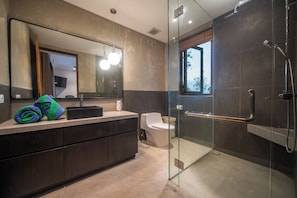 Shower, hair dryer, towels, soap