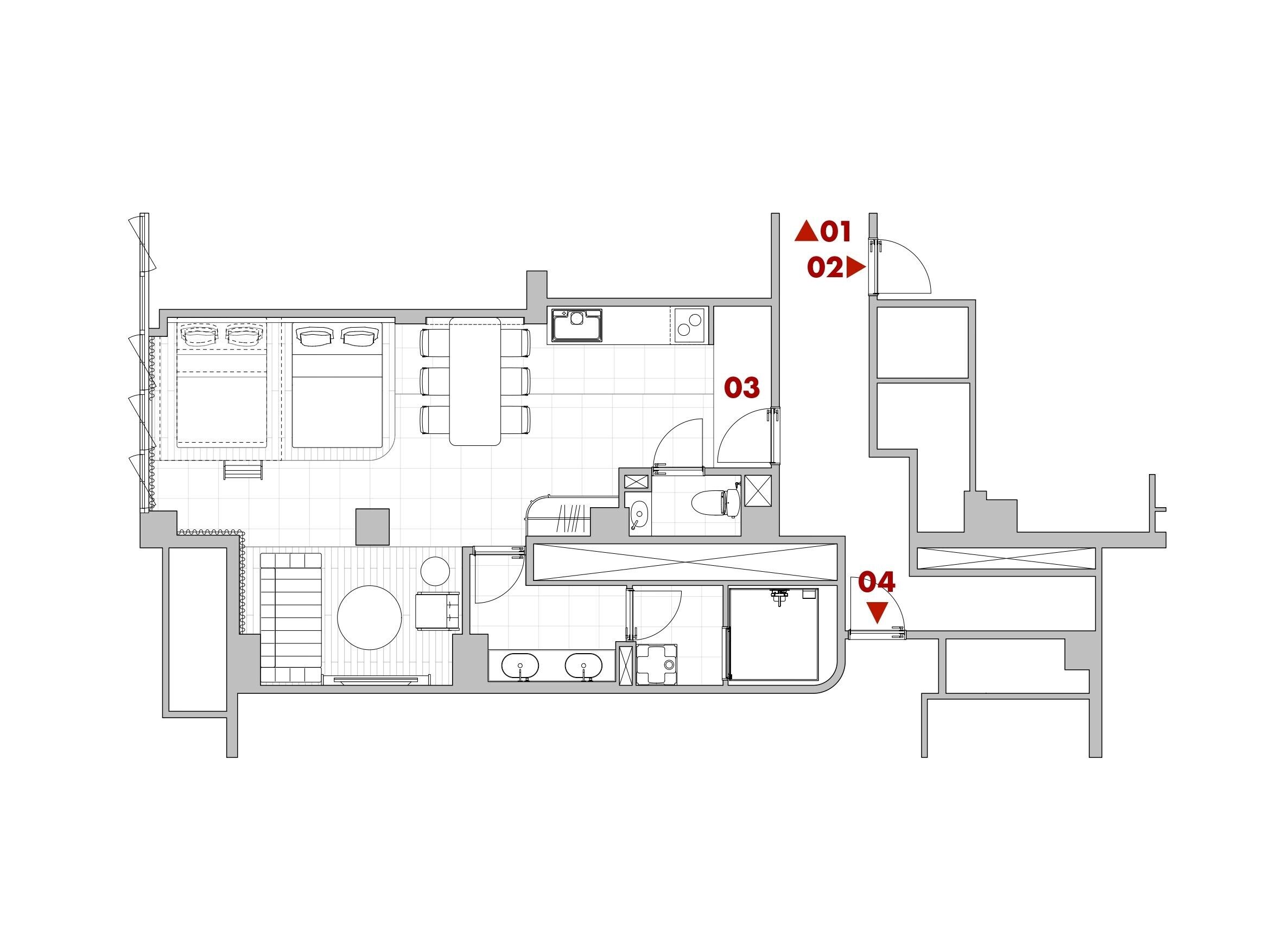A floor plan of a hotel with a dining area, kitchen, and multiple bathrooms.
