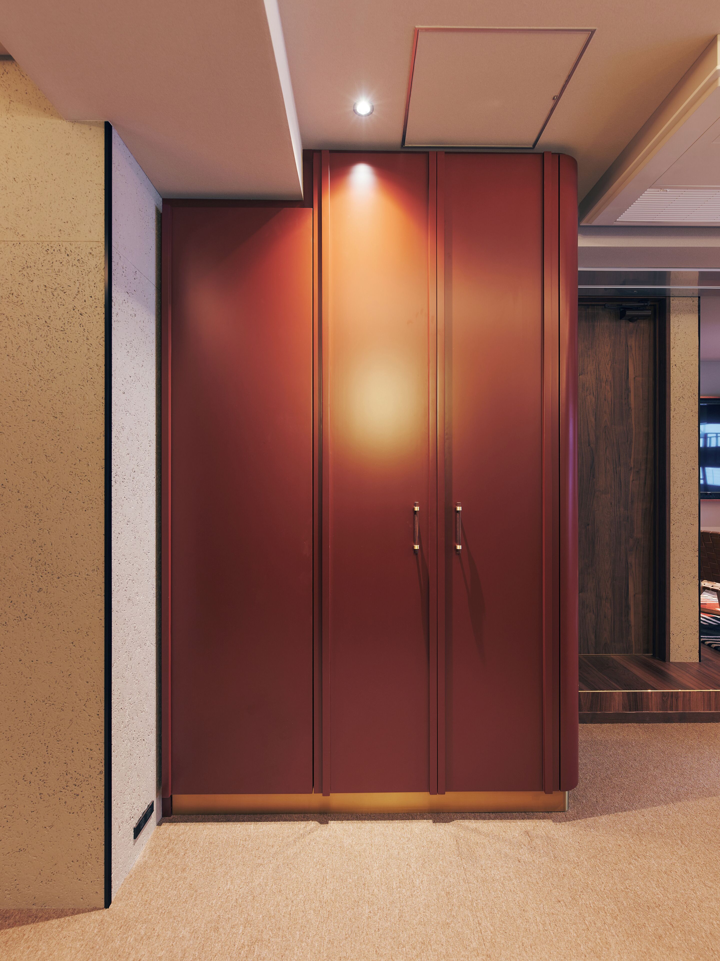 A large wardrobe with a metallic handle and a light source above it.