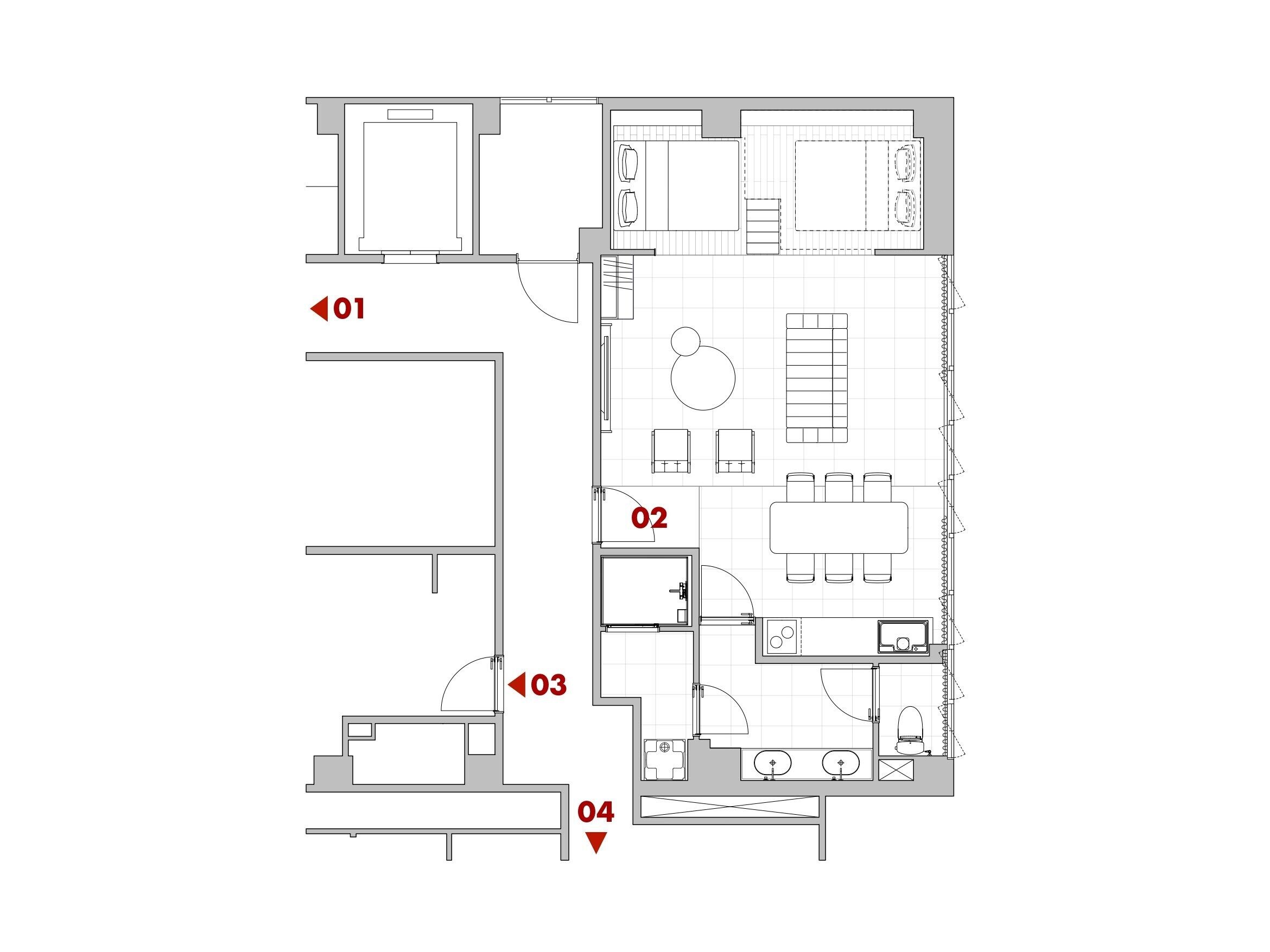 Plano de un hotel que muestra cuatro habitaciones, una cocina y un comedor.