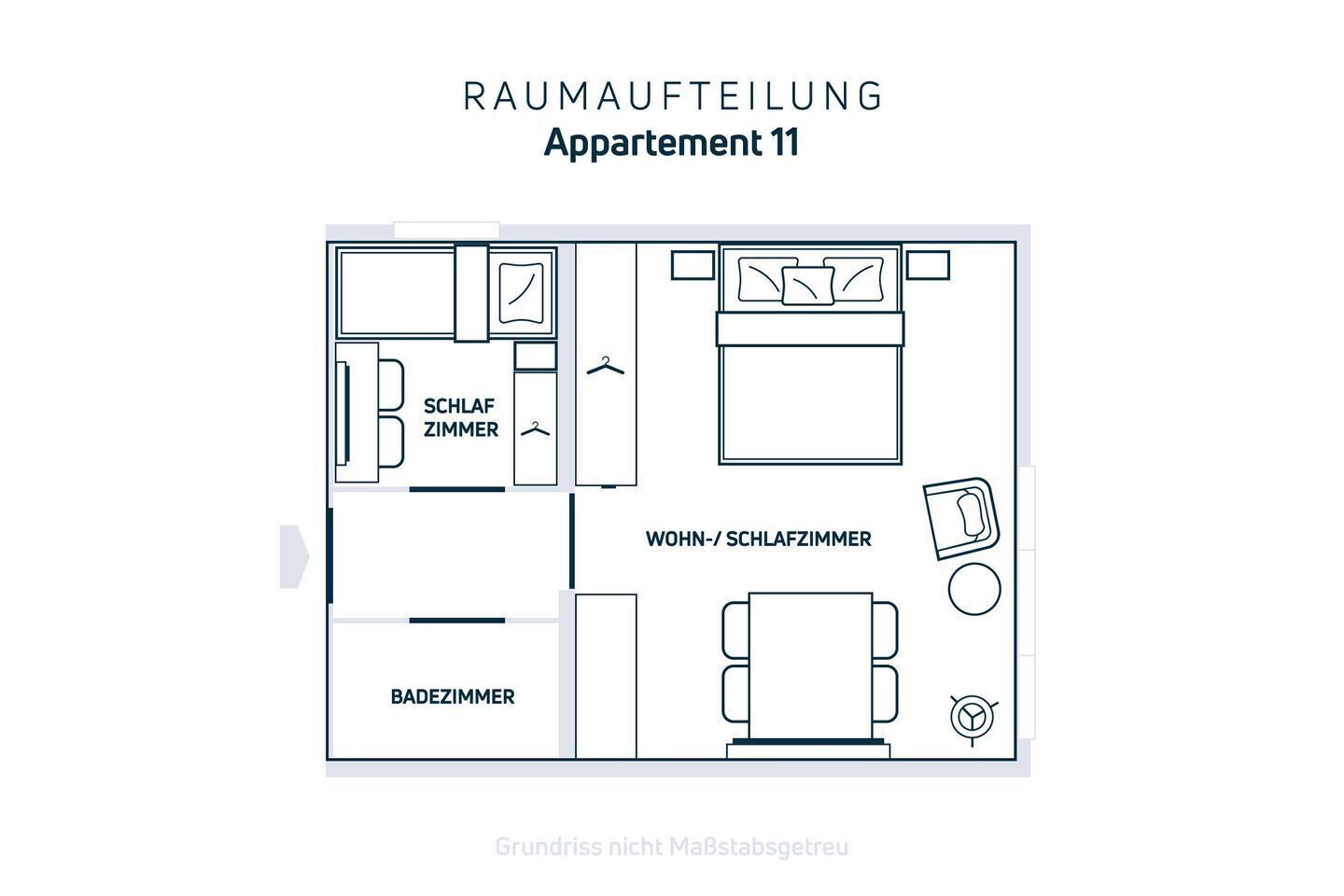 A floor plan of apartment 11 with a living room, two bedrooms, a bathroom, and a kitchen.