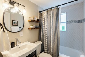 Hair dryer, towels, soap, shampoo