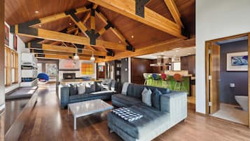 Smart TV, fireplace, ping pong, books