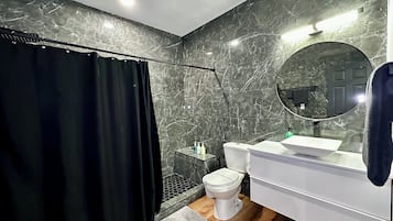 Un baño moderno con cortina de ducha negra, un inodoro, un lavabo con espejo y suelo de madera.