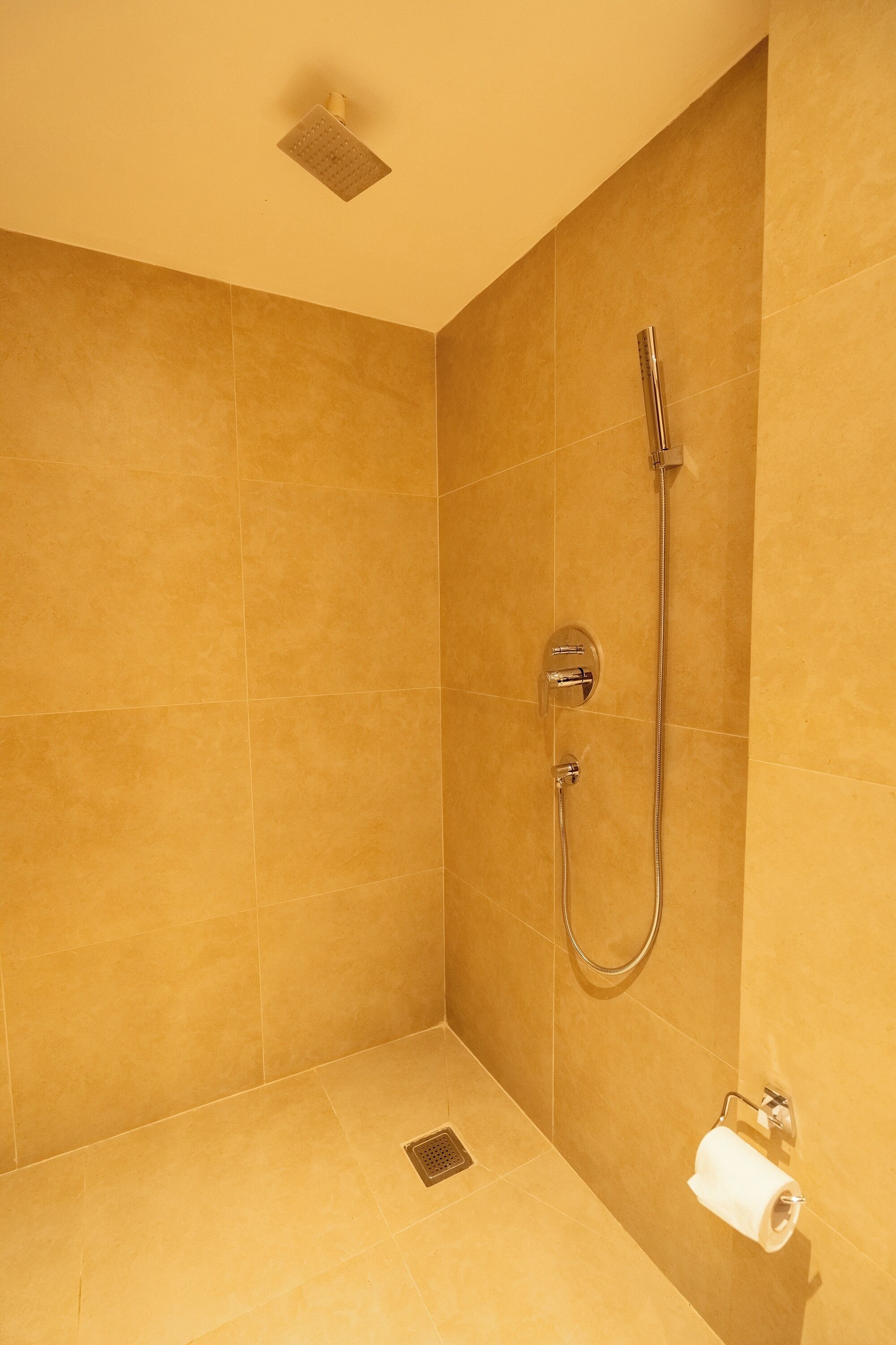 A shower with a handheld showerhead and a wall-mounted faucet.