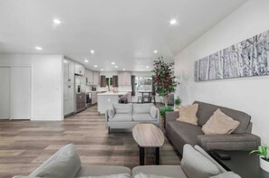 Smart TV, fireplace, table football, books