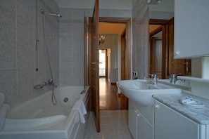 Shower, jetted tub, hair dryer, bidet