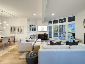 Smart TV, chimenea y libros 