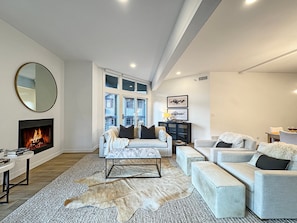 Smart TV, chimenea y libros 