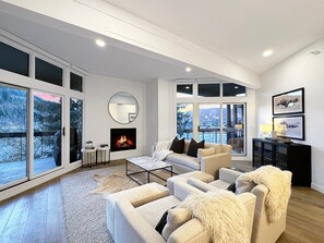 Smart TV, fireplace, books