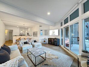 Smart TV, fireplace, books