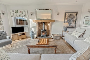 Télévision, cheminée, espaces bureaux