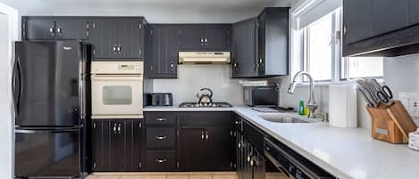 A modern kitchen with dark cabinets, a black refrigerator, an oven, a microwave, and a sink.