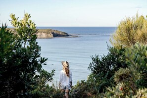 A person standing on a cliff overlooking a calm sea with a rocky island in the distance. - Rennies Beach House - Luxe Coastal Stay w/ Epic Ocean Views! (Ulladulla)