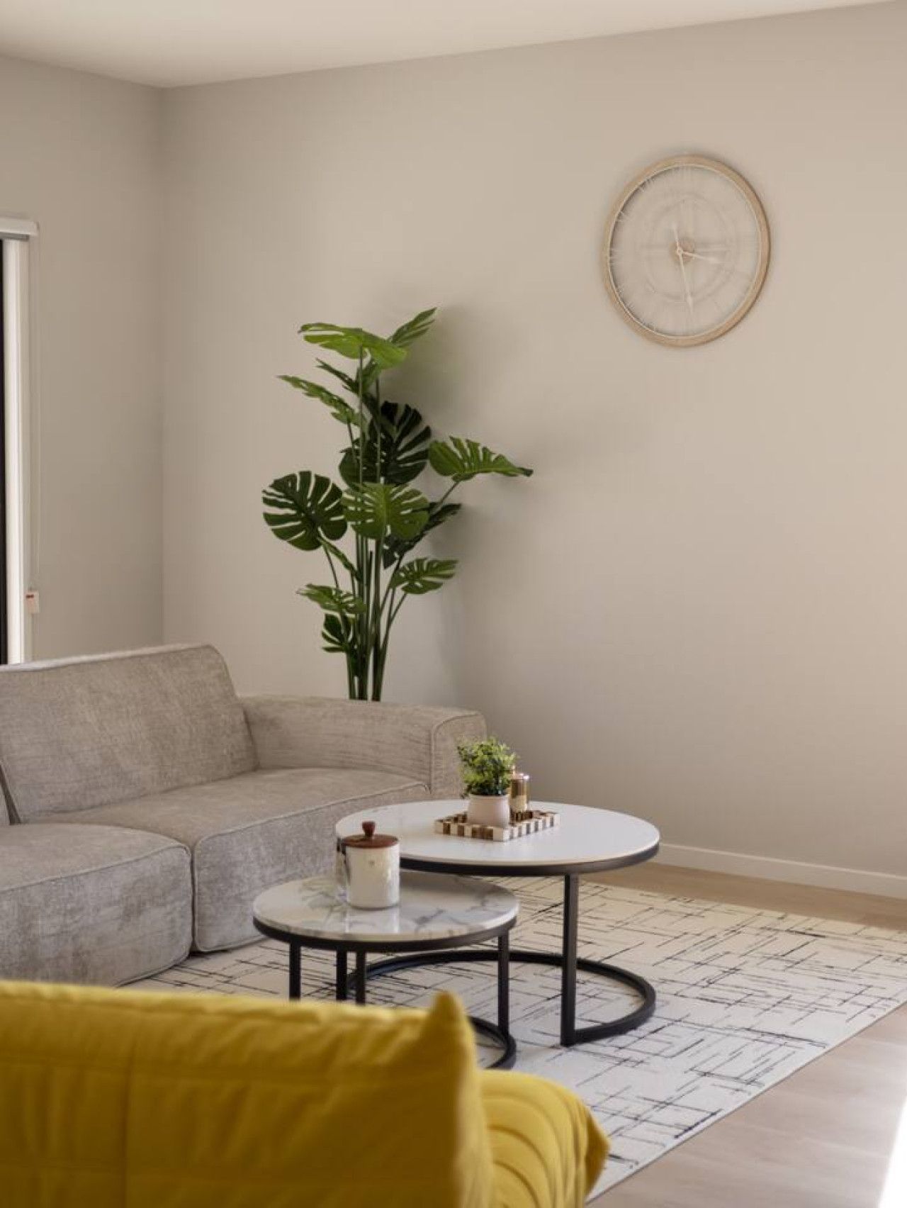 En stue med en grå sofa, et rundt sofabord, en potteplante og et vægur.