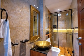 Regadera, bidet, toallas, jabón