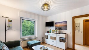 A modern living room with a sofa, a coffee table, a TV, and a large window. - Apartment 'Rumphorst' with Shared Terrace, Private Garden and Wi-Fi (Kirchhundem)