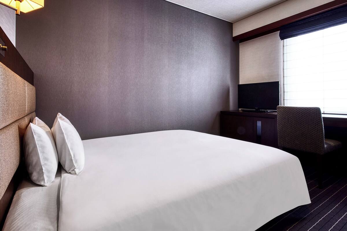 Une chambre d’hôtel avec un grand lit, un téléviseur posé sur une commode en bois foncé et une fenêtre équipée de stores.