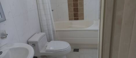 Regadera, secadora de cabello, toallas, jabón