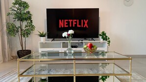 Una sala de estar con una mesa de centro de vidrio, un mueble blanco para entretenimiento, una planta en maceta y un televisor que muestra 'NETFLIX'.