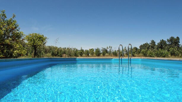 A clear blue swimming pool with metal ladders, surrounded by lush greenery and trees. - Tenuta San Calogero App Rosmarino (Sicilia)