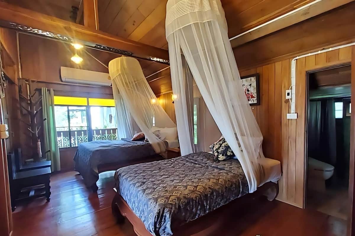 A room with two beds, each with a canopy. There is a wooden floor, a door leading to another room, and a window with a view.