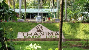 Egy tábla, amelyen a „THANIMAH FARM LIFE” felirat szerepel, és amelyet zöld növényzet és fák vesznek körül.