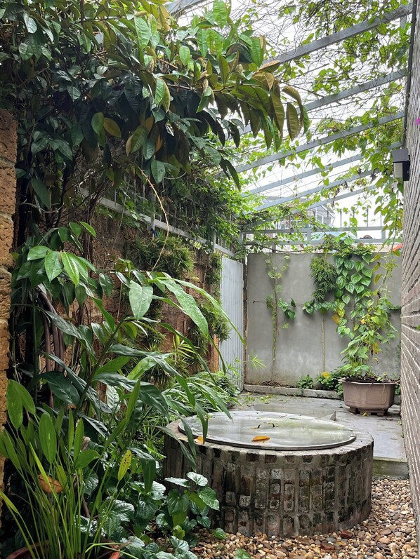 A greenhouse with a variety of plants and a small water feature. - Duong Lam Village (Hanoi)