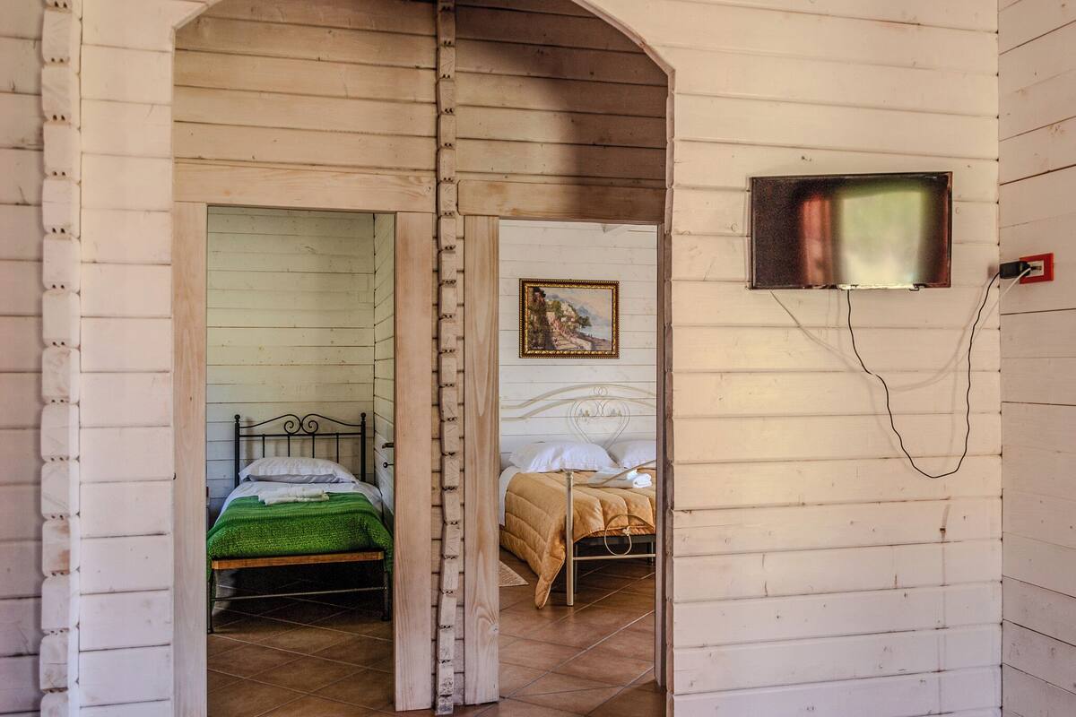 A room with two beds, one with a green blanket and the other with a beige blanket. There is a painting on the wall and a TV mounted on the wall.