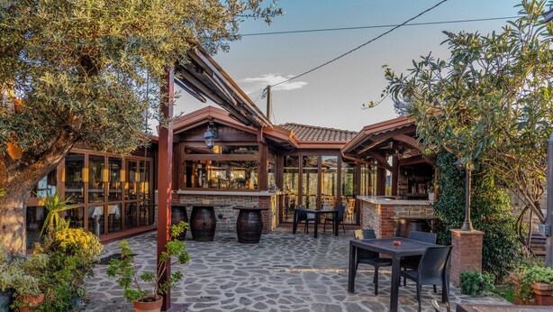 An outdoor patio with stone flooring, wooden tables and chairs, and potted plants.