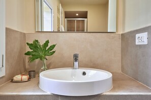A bathroom with a white sink, a mirror, a potted plant, and a towel on the counter. - Casa Negroni, ancient house in front of medieval walls (Firenze)