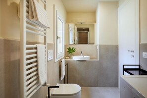 Dusche, umweltfreundliche Kosmetikartikel, Haartrockner, Bidet