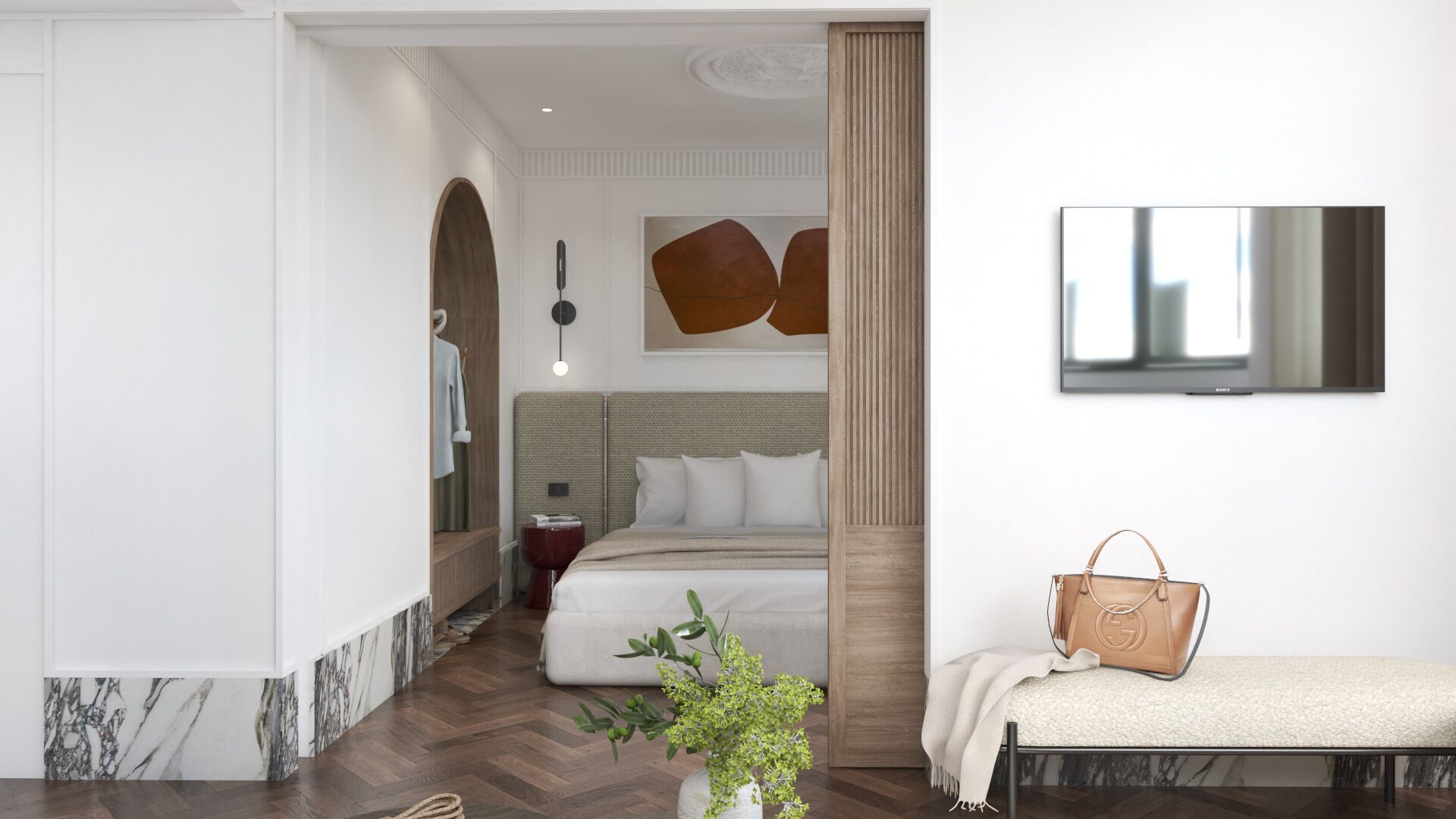 Ein modernes Hotelzimmer mit einem großen Bett, einem Nachttisch, einem Fernseher und einer Pflanze.