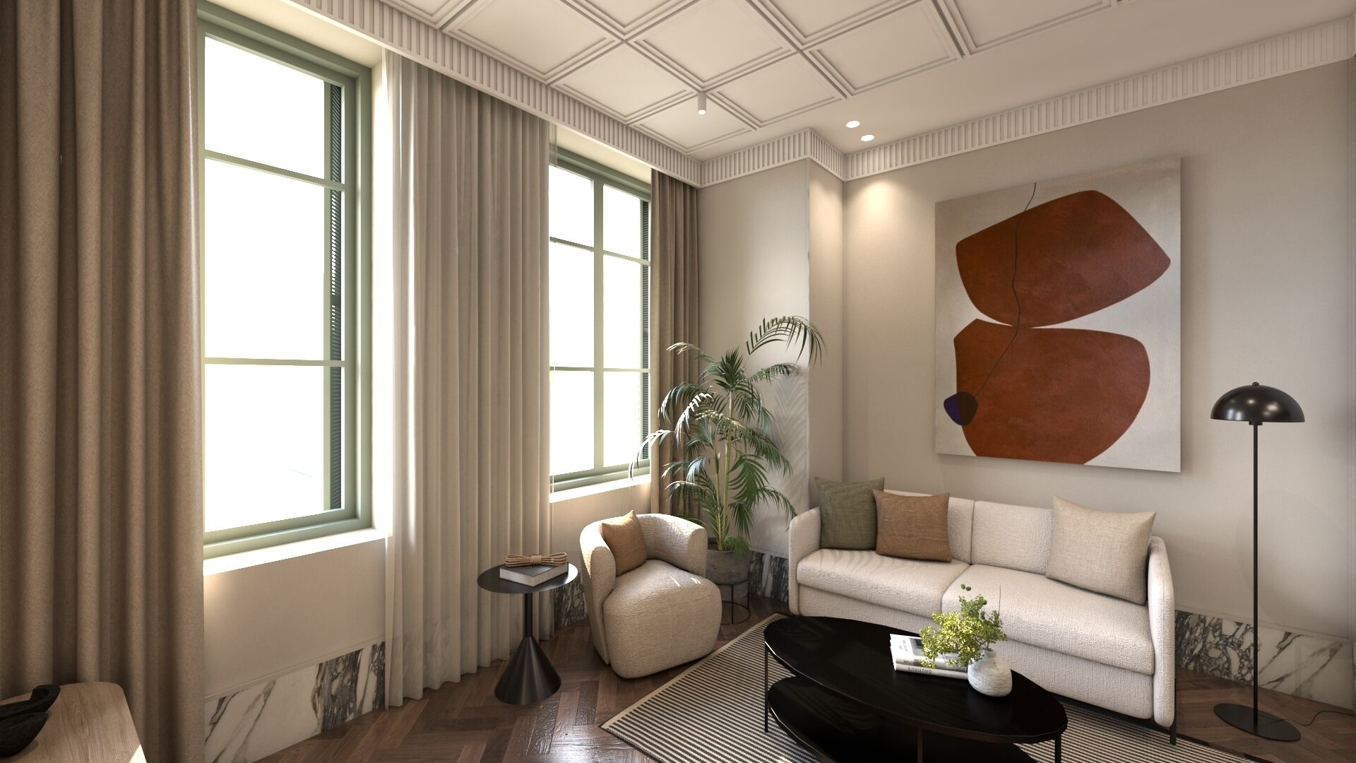 A modern living room with a sofa, coffee table, and a large abstract painting.