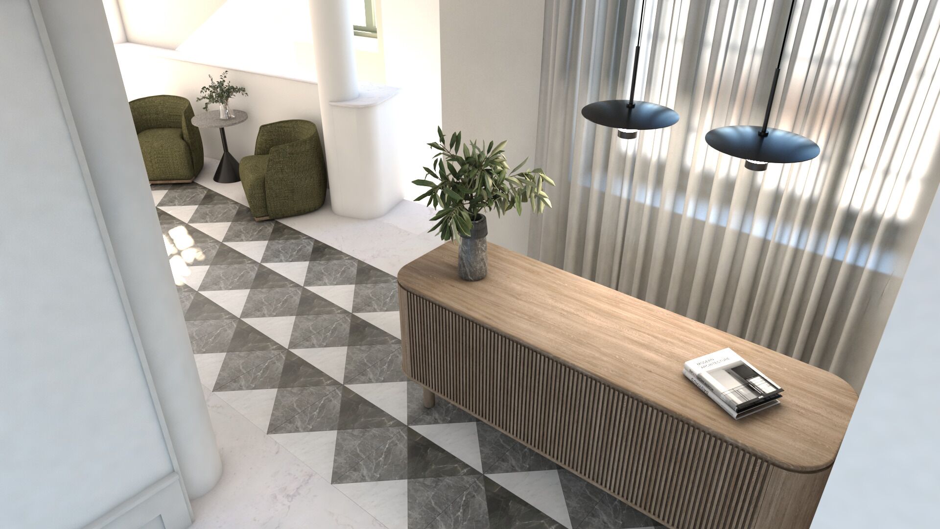 A modern reception area with a check-in counter, a potted plant, and a magazine on the counter.
