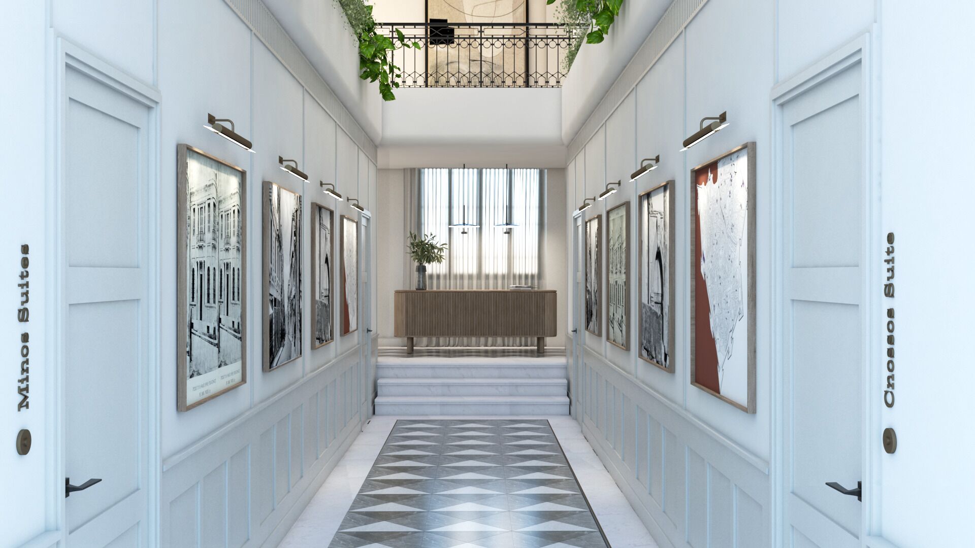 A hallway with a patterned floor, framed artwork on the walls, and a radiator in the center.