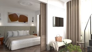 Une chambre d’hôtel moderne avec un grand lit, un téléviseur à écran plat, une table de chevet, une lampe, une plante et une fenêtre avec des rideaux.