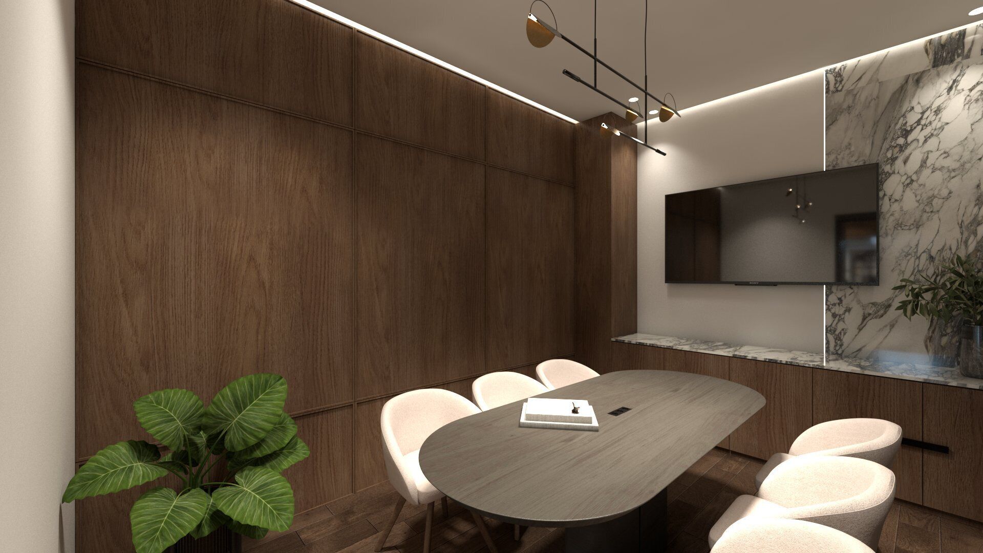 A modern conference room with a large table, six chairs, a mounted TV, and a potted plant.