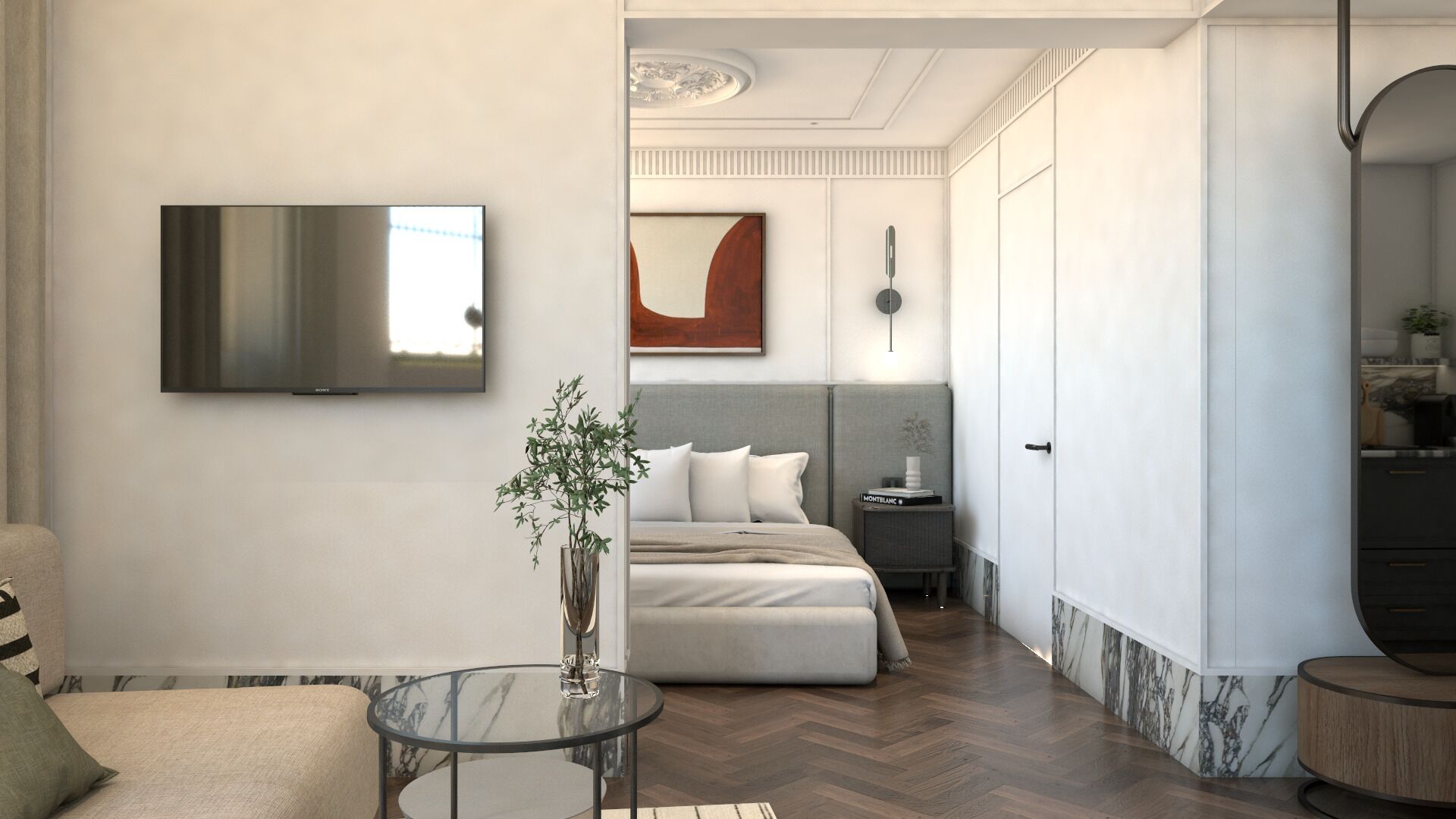 Ein modernes Hotelzimmer mit Bett, Nachttisch, Fernseher und einer kleinen Pflanze.