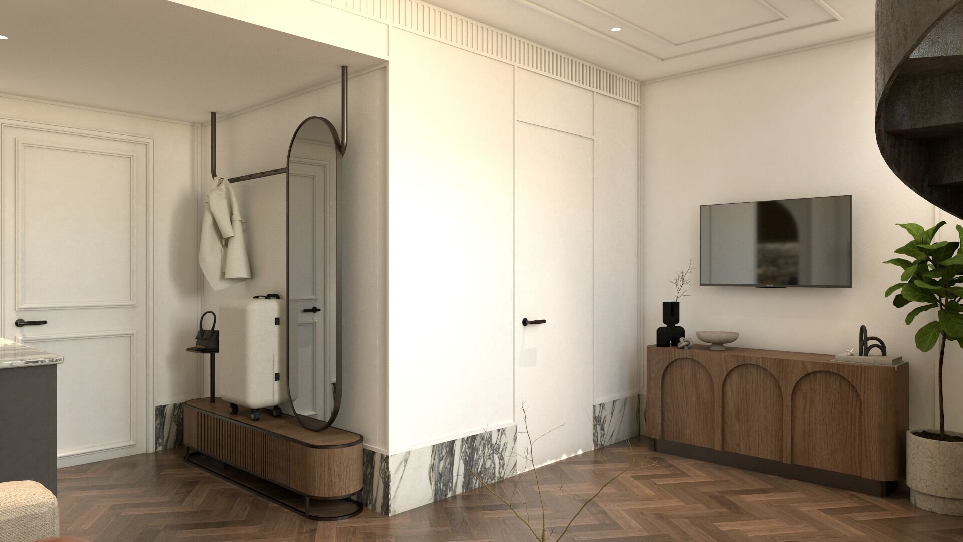 Un baño moderno con ducha, tocador con espejo y televisor montado en la pared.