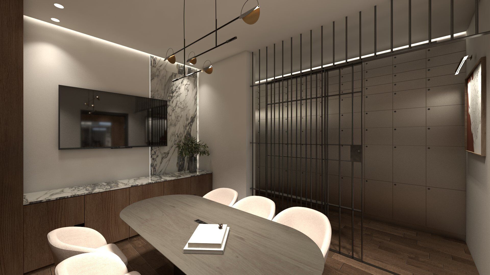 A modern conference room with a marble countertop, a wooden table, and a large mirror.