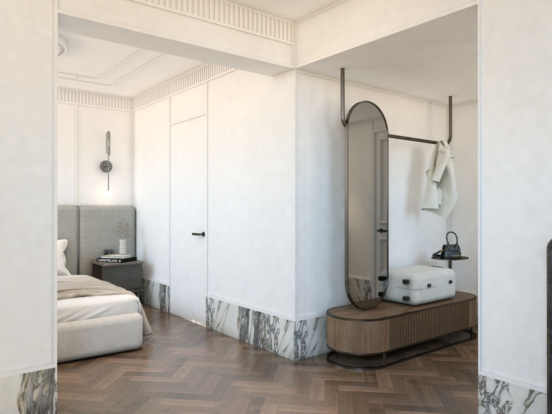 A modern hotel room with a bed, a vanity with a mirror, and a small table.