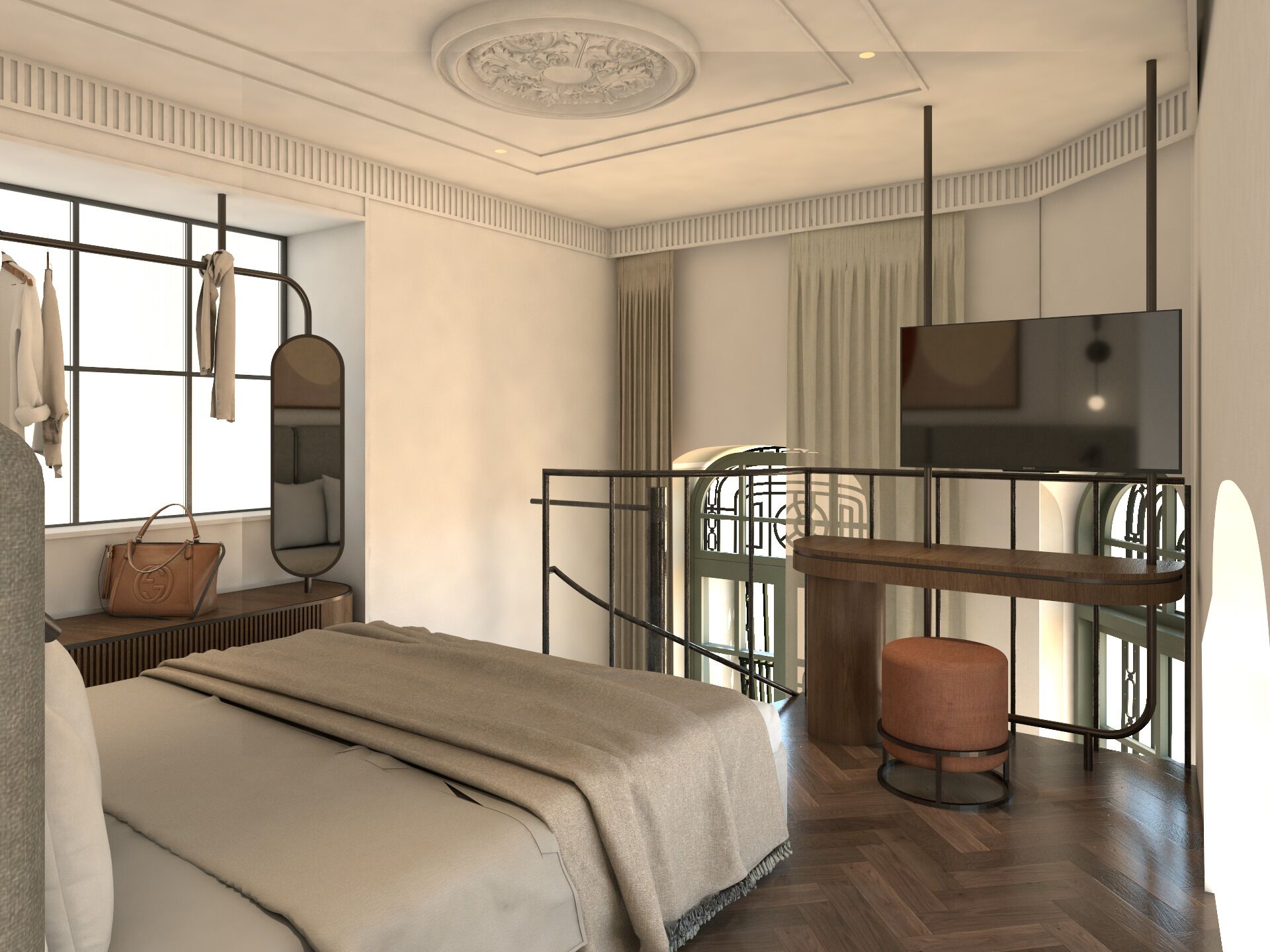 A modern hotel room with a large bed, a desk with a TV, a balcony, and a view of the city.